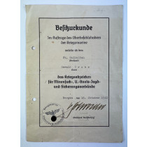 Besitzurkunde für das Kriegsabzeichen für Minensuch-, U-Boots-Jagd- und Sicherungsverbände