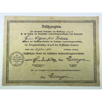 Besitzzeugnis Die Kriegsdenkmünze 1914/18 des Kyffhäuser Bundes
