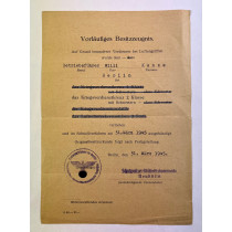 Besitzzeugnis Kriegsverdienstkreuz an einen Zivilisten (1945)