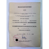 Besitzzeugnis Verwundetenabzeichen in Schwarz 1939