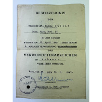 Besitzzeugnis Verwundetenabzeichen in Schwarz, 30.4.1945 (!)