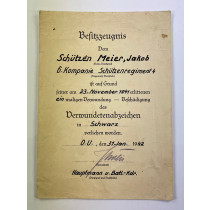 Besitzzeugnis Verwundetenabzeichen Schwarz, Schützenregiment 4