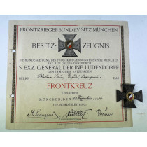 Frontkreuz des Deutschen Frontkriegerbundes + Urkunde