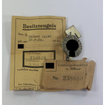 HJ Leistungsabzeichen in Silber + Urkunde + Verleihungstüte, nummerngleich (!)