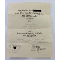 Urkunde Kriegsverdienstkreuz 2. Klasse mit Schwertern, Flakauswertungszug
