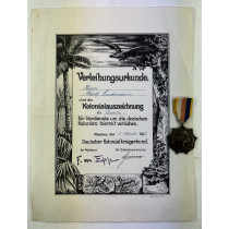 Kolonialauszeichnung in Bronze (Löwenorden) + Verleihungsurkunde