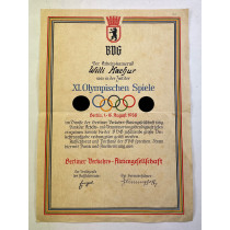 Olympiade 1936 Berlin, Ehrenurkunde der Berliner Verkehrsaktiengesellschaft (BVG)