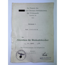 Urkunde Abzeichen für Blockadebrecher (1944)