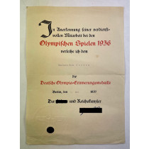  Urkunde Deutsche Olympia-Erinnerungsmedaille - In Anerkennung seiner verdienstvollen Mitarbeit bei den Olympischen Spielen 1936