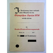 Urkunde, Deutsche Olympia-Erinnerungsmedaille - In Anerkennung seiner verdienstvollen Mitarbeit bei den Olympischen Spielen 1936