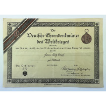 Urkunde Die Deutsche Ehrendenkmünze des Weltkriegs