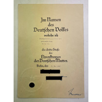 Urkunde, Ehrenkreuz der Deutschen Mutter dritte Stufe (Bronze)