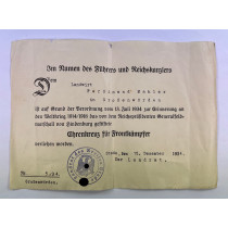 Urkunde, Ehrenkreuz für Frontkämpfer