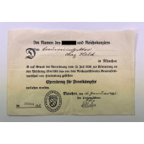 Urkunde Ehrenkreuz für Frontkämpfer (Hindenburg Kreuz)