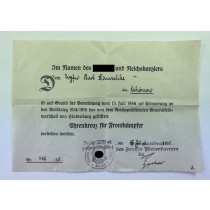  Urkunde, Ehrenkreuz für Frontkämpfer (Hindenburgkreuz)