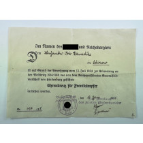 Urkunde, Ehrenkreuz für Frontkämpfer (Hindenburgkreuz)