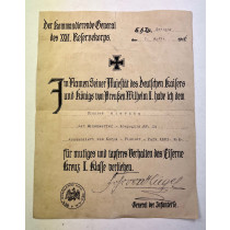 Urkunde Eisernes Kreuz 2. Klasse 1914, Minenwerfer