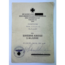 Urkunde Eisernes Kreuz 2. Klasse 1939, Grenadier Regiment 537