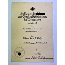 Urkunde Eisernes Kreuz 2. Klasse 1939, Reiter-Regiment 22