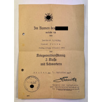 Urkunde Feldgendarmerie, Kriegsverdienstkreuz 2. Klasse m. Schwertern, (Feldg.Trupp d (tmot) 949)