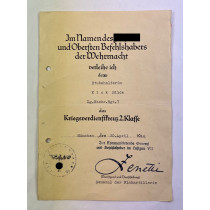 Urkunde Kriegsverdienstkreuz 2. Klasse an eine Frau (Stabshelferin) (!)