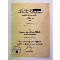 Urkunde Kriegsverdienstkreuz 2. Klasse m. Schwertern, Oberbefehlshaber der Luftwaffe