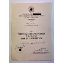 Urkunde Kriegsverdienstkreuz 2. Klasse mit Schwerter, Gebirgs Nachrichten Abteilung 54