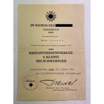 Urkunde Kriegsverdienstkreuz 2. Klasse mit Schwertern, Griechland