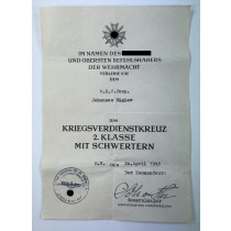 Urkunde Kriegsverdienstkreuz 2. Klasse mit Schwerzern