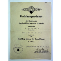 Verleihungsurkunde Frontflugspange für Kampfflieger in Silber (K.G. 54)