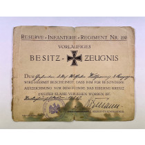 Vorläufiges Besitzzeugnis Eisernes Kreuz 2. Klasse 1914