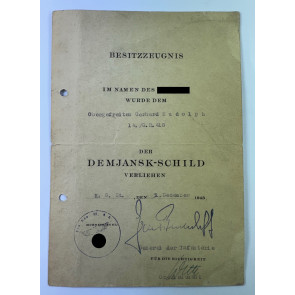 Besitzzeugnis Demjansk-Schild, Grenadier Regiment 418
