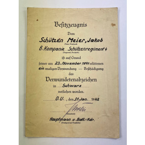 Besitzzeugnis Verwundetenabzeichen Schwarz, Schützenregiment 4