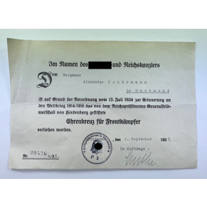 Urkunde Ehrenkreuz für Frontkämpfer (Hindenburgkreuz)