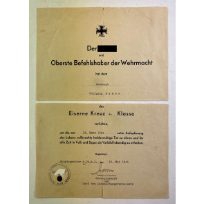 Urkunde Eisernes Kreuz 1. Klasse 1939, posthume Verleihung unter Aufopferung des Lebens vollbrachte heldenmütige Tat