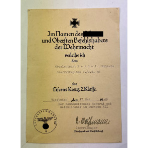 Urkunde Eisernes Kreuz 2. Klasse 1939, Staffelkapitän J.G. 52, Oberleutnant Wilhelm Keidel