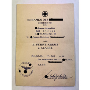 Urkunde Eisernes Kreuz 2. Klasse 1939, Waffen SS, 12. SS-Panzer-Division "Hitlerjugend", o.U. Kurt Meyer (Panzermeyer)