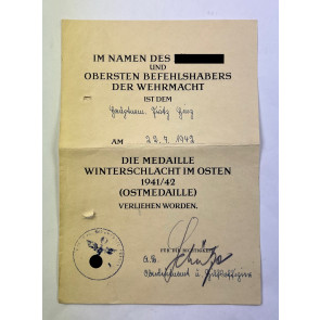 Urkunde Ostmedaille / Medaille Winterschlacht im Osten 1941/42