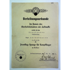 Verleihungsurkunde Frontflugspange für Kampfflieger in Silber (K.G. 54)