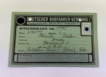 3. Reich, Mitgliedskarte Deutscher Radfahrer-Verband e.V. - Militaria-Berlin