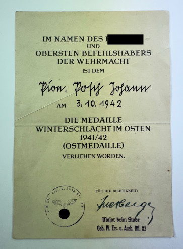  Urkunde Ostmedaille, Pionier - Militaria-Berlin