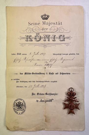 Bayern, Militär-Verdienstkreuz 3. Klasse mit Schwertern + Urkunde - Militaria-Berlin