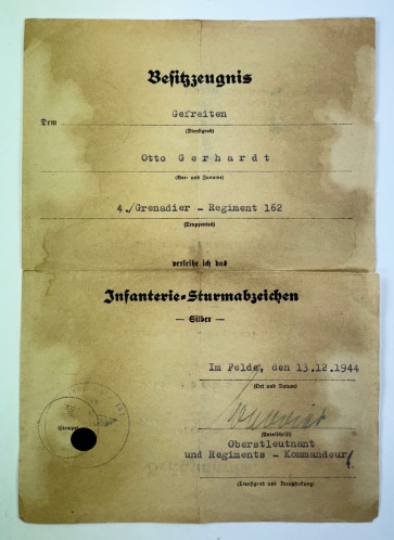 Besitzzeignis Infanterie-Sturmabzeichen in Silber - Militaria-Berlin