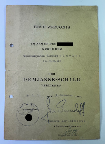 Besitzzeugnis Demjansk-Schild, Grenadier Regiment 418 - Militaria-Berlin