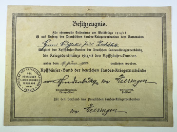 Besitzzeugnis Die Kriegsdenkmünze 1914/18 des Kyffhäuser Bundes - Militaria-Berlin