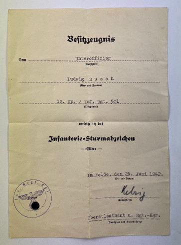 Besitzzeugnis Infanterie-Sturmabzeichen Silber, Infanterie Regiment 501 - Militaria-Berlin