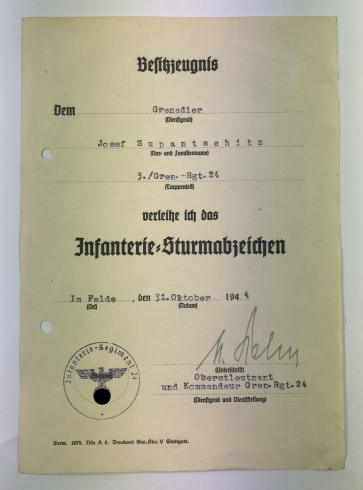 Urkunde Infanterie Sturmabzeichen - Militaria-Berlin