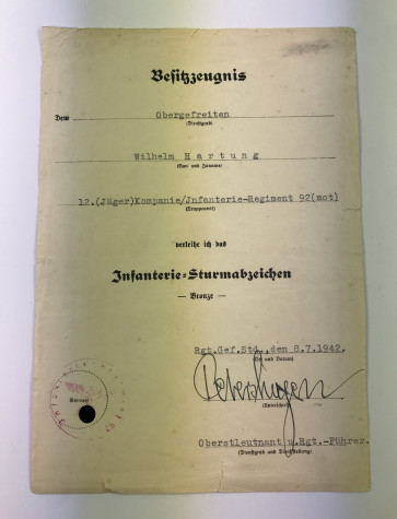 Urkunde Infanterie Sturmabzeichen in Bronze - Militaria-Berlin