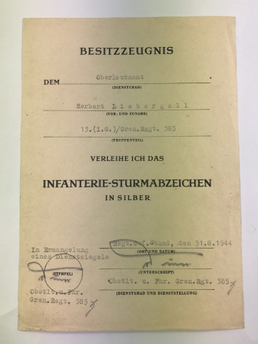 Urkunde Infanterie Sturmabzeichen in Silber - Militaria-Berlin