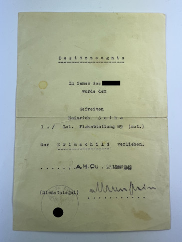 Besitzzeugnis Krimschild - Militaria-Berlin